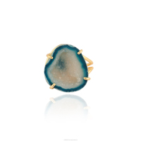 Cincin hoop batu akik druzy biru alami, cincin prong kristal pengaturan lapisan emas dapat diatur
