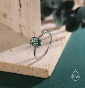 Bague de fiançailles classique à pierre unique en agate mousse de coupe ovale en argent sterling, bague en agate mousse naturelle, bague en agate mousse véritable - Product Image 1