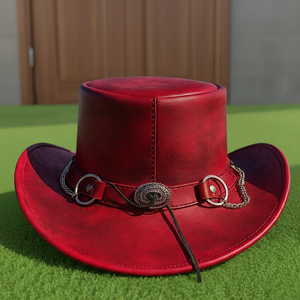 Sombrero de Vaquero de Cuero Rojo Hecho a Mano de Primera Calidad, Estilo Cosplay para Festivales Western, Regalo de Navidad - Product Image 5