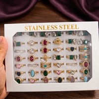 Lot de 36 bagues en zircon colorées plaquées or 18 carats, étanches et inaltérables, en acier inoxydable, avec boîte – Vente en gros mixte