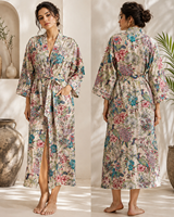 Robe de nuit longue pour femme à imprimé floral, 100% coton, écologique, séchage rapide, thermique, avec cordon de serrage, style bohème, pour la maison et la détente