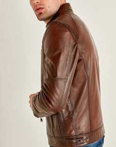 <b>Men's</b> Brown PU Casual Solid Front Dyed Moto Jacket <b>Turtleneck</b> Collar Zipper Closure Regular Fit Winter Style - Product Image 5