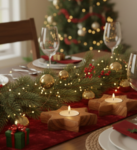 Porte-bougie chauffe-plat en bois naturel en forme d'étoile, fait main – Centre de table rustique de Noël et décoration intérieure - Product Image 3