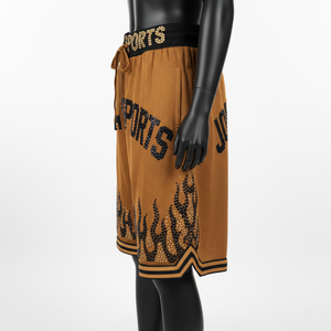 Pantalones Cortos de Baloncesto Transpirables de Malla de Poliéster de 160 GSM, Color Café, con Lentejuelas de Llama, Logotipo Personalizado y Bajo con Rayas - Product Image 3