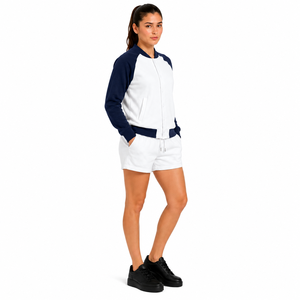 Custom Unisex Striped Varsity Shorts <b>Set</b> Contrast Raglan Sleeve Bomber Jacket Drawstring Shorts Heavyweight Two Piece Short Suit - Product Image 3