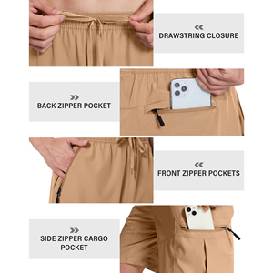 Shorts cargo kaki pour hommes, longueur genou, taille élastique, cordon de serrage, séchage rapide, pantalon décontracté d'été - Product Image 3