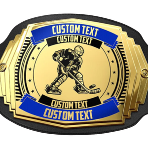 Ceinture de champion de hockey en cuir noir avec plaque dorée et accents bleus pour récompenses personnalisées - Product Image 5