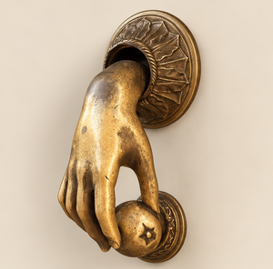 Sonnette de porte Fortune Hand en finition dorée patinée avec orbe orné d'étoiles et plaque arrière circulaire décorative, quincaillerie décorative - Product Image 2
