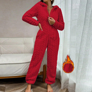 Pijama enterizo con capucha para mujer, de manga larga, color liso, de forro polar tejido, con cremallera, ropa cómoda para estar en casa, ropa de invierno - Product Image 4