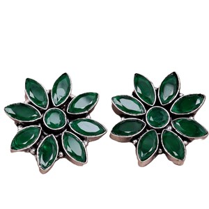 ARTS JEWELS Brass Antique <b>Silver</b> Plated Oxidized Onyx Green Flower Bezel Set Vintage Boho Engagement <b>Stud</b> Earrings-Women's - Product Image 2