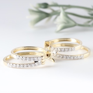 Boucles d'oreilles créoles Bali en or jaune, classiques, double rangée de diamants de laboratoire, pavé de cristaux, bijoux fins pour femmes - Product Image 1