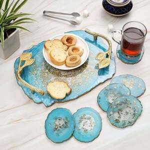 Plateau de service décoratif en résine époxy avec poignée en métal doré de luxe moderne, compatible lave-vaisselle, pour la maison, la salle à manger, le thé, le café, l'hôtellerie - Product Image 2