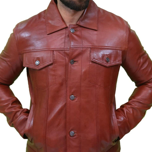 <b>Men</b> Genuine <b>Leather</b> <b>Jacket</b> <b>Brown</b> Turn-down Collar Button Closure Regular Fit Casual Autumn Style Solid Color - Product Image 6