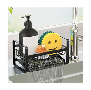 Customised Stainless steel Sponge holder Black Color With Drain board Cleaning Soap <b>Bottle</b> & <b>Brushes</b> Storage Rack - Product Image 1