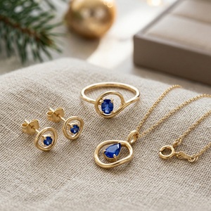 9K Solid Gold Natural Blue Sapphire Jewelry Set <b>Ring</b> <b>Necklace</b> Earrings Fine Jewelry for Women - Product Image 4