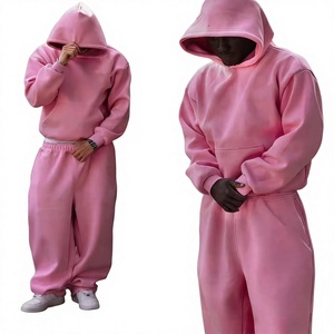 Ensemble de survêtements streetwear pour hommes avec impression en relief, comprenant un sweat à capuche court et ample et un pantalon de survêtement, en molleton personnalisé, style jogging et survêtement de sport - Product Image 1