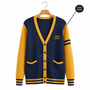 Cosh International Sorority Sisterhood Acrylic <b>Navy</b> Yellow Contrast Knitted <b>Cardigan</b> Long Sleeve V-Neck Classic With Pockets - Product Image 1