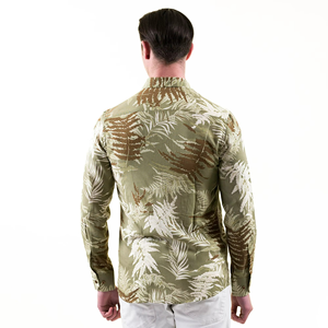 Chemise habillée pour homme à manches longues en coton et lin imprimé hawaïen beige kaki pour les vacances d'été - Product Image 2