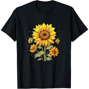 T-shirt floral en coton léger, haut en coton doux, motif tournesol, avec tissu tricoté respirant, coupe ajustée, style rétro - Product Image 1