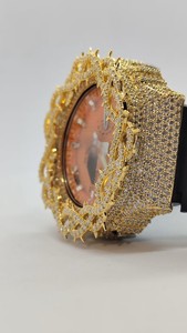 Laysware Iced VVS Moissanite <b>Watch</b> Golden Thorn Bezel Orange Dial <b>Black</b> Rubber Strap 20BAR Water Resistance Hip Hop - Product Image 2