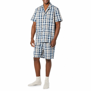 <b>Men's</b> Plaid Short Sleeve <b>Pajama</b> <b>Set</b> 100% Cotton Satin Woven Sleepwear Winter Casual Soft & Breathable with Pockets Custom Logo - Product Image 1