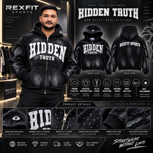 REXFIT SPORTS Sweat à capuche zippé pour homme Hidden Truth, coupe oversize, style streetwear, noir, en polyester FRENCH TERRY, pour l'automne - Product Image 6
