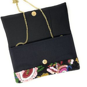 Bolso de Mano Rectangular Negro Bordado con Cuentas y Flores, Hecho a Mano por FAIZA CRAFT, con Lentejuelas y Cadena Desmontable - Product Image 2