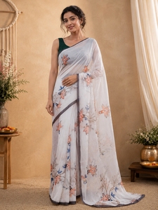 Sari élégant noir à imprimé floral en polyester pour femme, coupe classique, longueur ras du sol, extensible, style Inde Pakistan, idéal pour les fêtes - Product Image 2