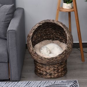 Lit surélevé pour chat tissé à la main avec panier rotatif en osier et coussin moelleux, chaise œuf marron avec support pour animaux de compagnie - Product Image 6