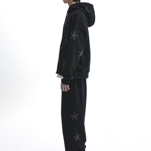 Ensemble de survêtement à capuche noir pour homme, manches longues, fermeture éclair, coupe ample, motif étoile géométrique, coton, tenue décontractée d'automne - Product Image 4