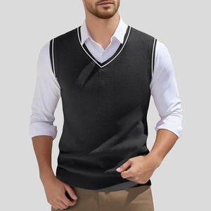 Gilet sans manches en tricot noir pour homme, col en V, couleur unie, vêtement d'automne - Product Image 2