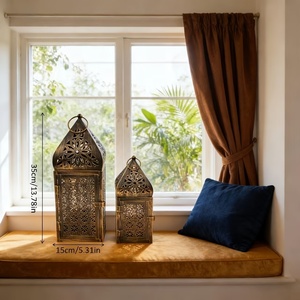 Refined <b>Bronze</b> Moroccan Lantern Set with Intricate Floral Metal Cutwork <b>Candle</b> <b>Holders</b> for Ramadan Wedding Home Decor - Product Image 3