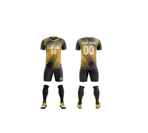 Ensemble de maillots de football personnalisés pour hommes, noir et or rayé, col en V, manches courtes, 100% polyester, évacuation de l'humidité, coupe athlétique toutes saisons - Product Image 1