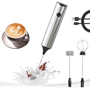 Mousseur à lait portatif rechargeable avec 3 vitesses réglables, mélangeur électrique pour boissons, 2 fouets en acier inoxydable, compatible avec les cafetières - Product Image 1
