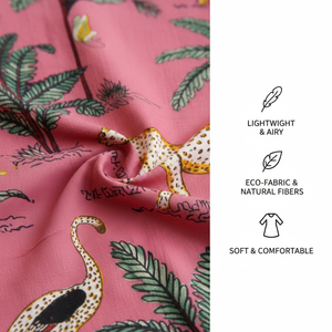 Robe longue en coton bio tissé à la main pour femme, imprimé jungle rose, col en V, manches longues, avec cordon de serrage, tenue de nuit durable - Product Image 5