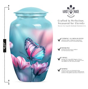 Urne funéraire pour cendres d'adultes avec motif de papillon bleu et de fleurs, urne commémorative classique avec couvercle et sac en velours gratuit - Product Image 2