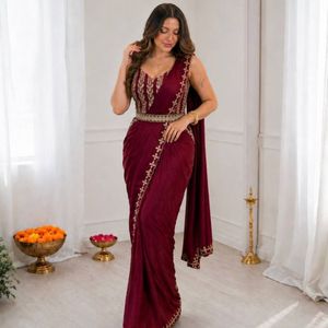 Sari en crêpe de soie lourd prêt-à-porter, broderie, travail de dentelle dorée, chemisier cousu, ceinture, prix de gros par Royal Export - Product Image 2
