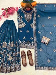 Heavy Embroidery Teal <b>Kurti</b> Set with Sharara Pants Wedding & Party Wear Outfit Ready to Wear Party Wear Ethnic Suit - Product Image 3