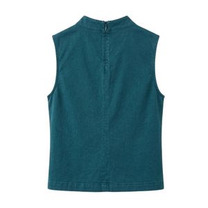 Blusa sin mangas para mujer, color verde azulado, cuello redondo alto, bolsillo en el pecho, costura diagonal, estilo moderno, informal, para verano. - Product Image 2