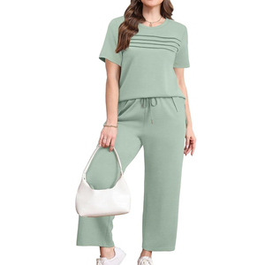 Women Everyday Two Piece Set Casual T Shirt <b>Elastic</b> Waist Pants Lounge Wear Custom Printing - Product Image 3
