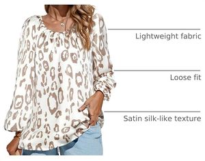Women Casual Leopard Print <b>Long</b> Sleeve Blouse <b>Top</b> Loose Fit Neck Satin Chiffon Autumn Spring Custom OEM Front Contrast Color - Product Image 5
