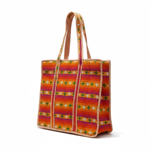 <b>Quilted</b> Cotton Tote Bag for Women-Hand Block Print Orange Stripe Geometric Large Size Open Closure Embroidery - Product Image 1