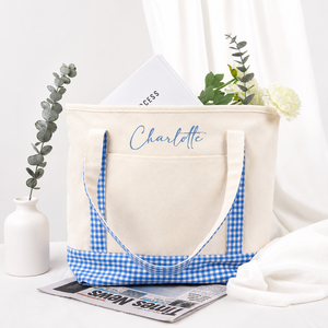 Bolso de Hombro de Lona a Cuadros Bordado Personalizado Estilo Boutique, Ligero, Duradero, con Cremallera Abierta, de Moda, para Uso Exterior - Product Image 3
