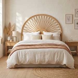 Nouvelle Tête de Lit Moderne Minimaliste en Rotin Sunrise Loop, Cadre de Lit en Bois Écologique Marron, Rembourrage en Microfibre, Boîte Personnalisée pour Chambre à Coucher - Product Image 4