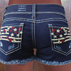 Shorts de mezclilla elásticos de cintura alta para mujer, estilo vintage con bordado y dobladillo deshilachado, corte recto ajustado, Colección Verano 2026 - Product Image 3