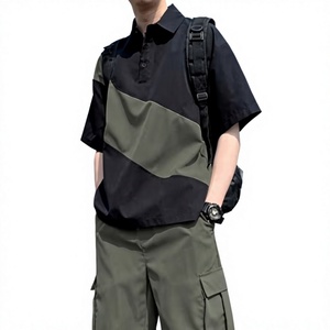 Men's Color Blocking Polo Shirt Patchwork Design Casual Style Black and Olive Green Short Sleeve Top - Product Image 1