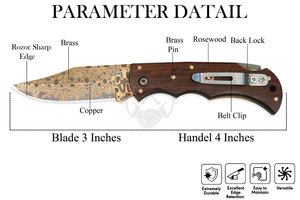 Limited Edition Handcrafted Copper Brass Pocket Knife w/Rosewood Steel Bolster Handle Outdoor Camping Hunting Folding Knife - Product Image 3