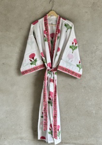 Kimono Ecológico de Verano con Estampado Floral, Cuello en V, Tejido a Mano, Estilo Kaftan de Algodón, con Cinturón, Largo Completo para Mujer - Product Image 4
