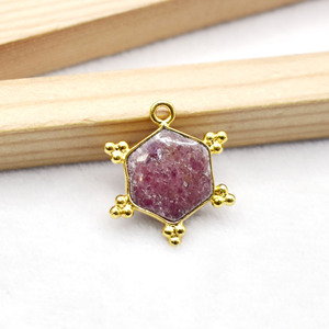 Rhodonite Hexagon Wheel Pendant 10mm Gold Plated Bezel Set Gemstone Charm For Necklace <b>Earring</b> Jewelry Supply - Product Image 2