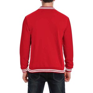 Solid Red Varsity <b>Jacket</b> <b>White</b> Striped Ribbed Trim Fleece Baseball Coat Casual Streetwear <b>Men</b> Bomber <b>Jacket</b> Custom - Product Image 2
